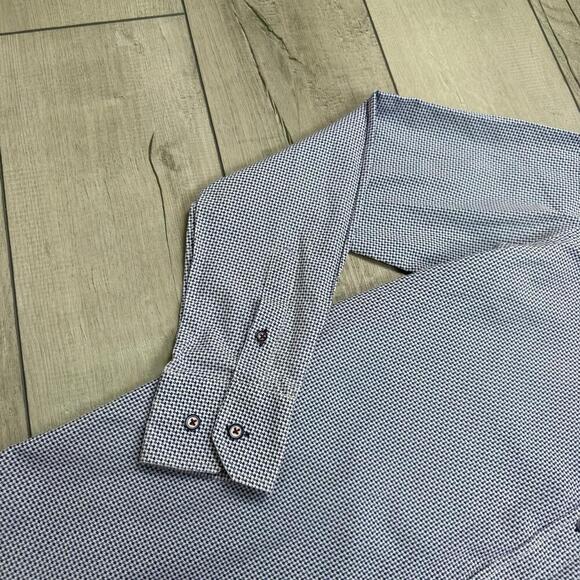 House of Cavani Slim Fit Dress Shirt Blue White Micro Houndstooth Cotton Men SzL - Picture 5 of 12